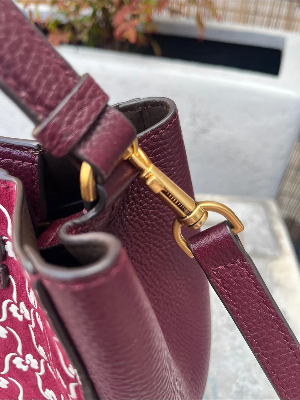 Brand new Tory Burch Burgundy and White Monogram Jacquard Bucket Crossbody
